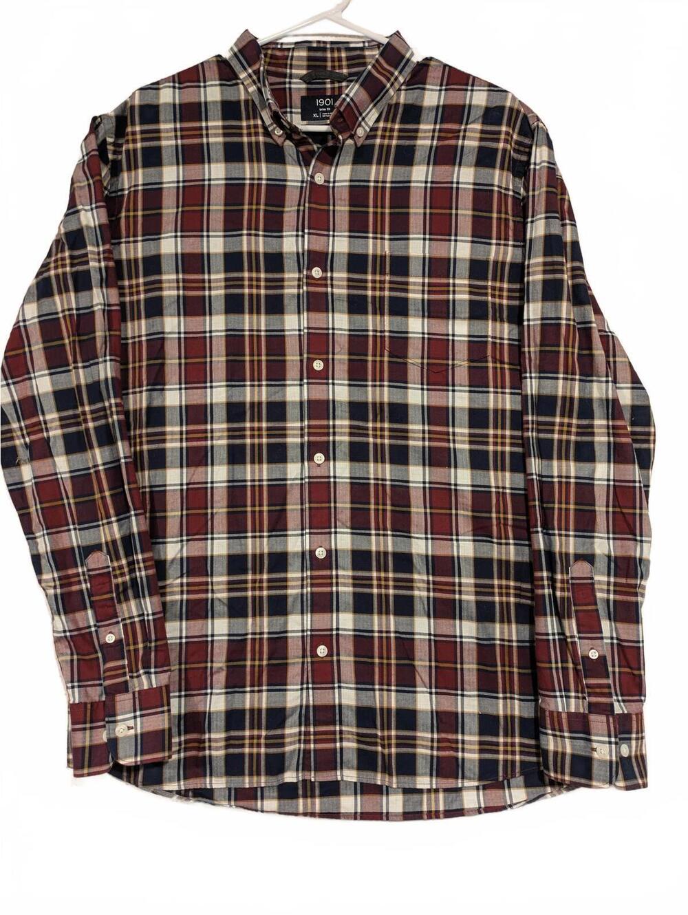 1901 Classic Fit Plaid Button Down Shirt Burgundy Navy Check Mens XL Cotton